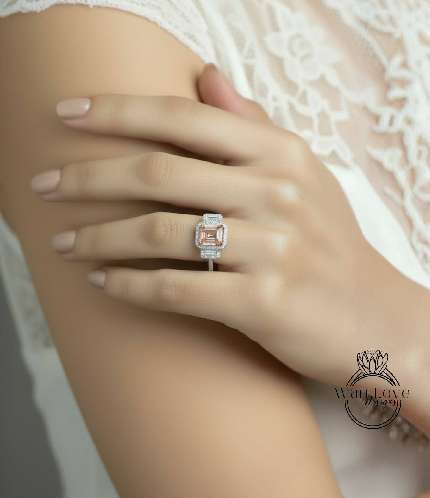 Peach Sapphire & Diamonds Emerald Triple Halo Baguette Ring, Art Deco Engagement Ring, Diamond Side Stone Ring, Three Gem Stone Halo Diamond Ring, Anniversary Gift