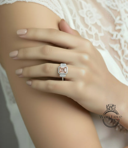 Peach Sapphire & Diamonds Emerald Triple Halo Baguette Ring, Art Deco Engagement Ring, Diamond Side Stone Ring, Three Gem Stone Halo Diamond Ring, Anniversary Gift