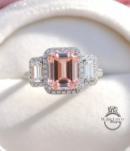 Peach Sapphire & Diamonds Emerald Triple Halo Baguette Ring, Art Deco Engagement Ring, Diamond Side Stone Ring, Three Gem Stone Halo Diamond Ring, Anniversary Gift