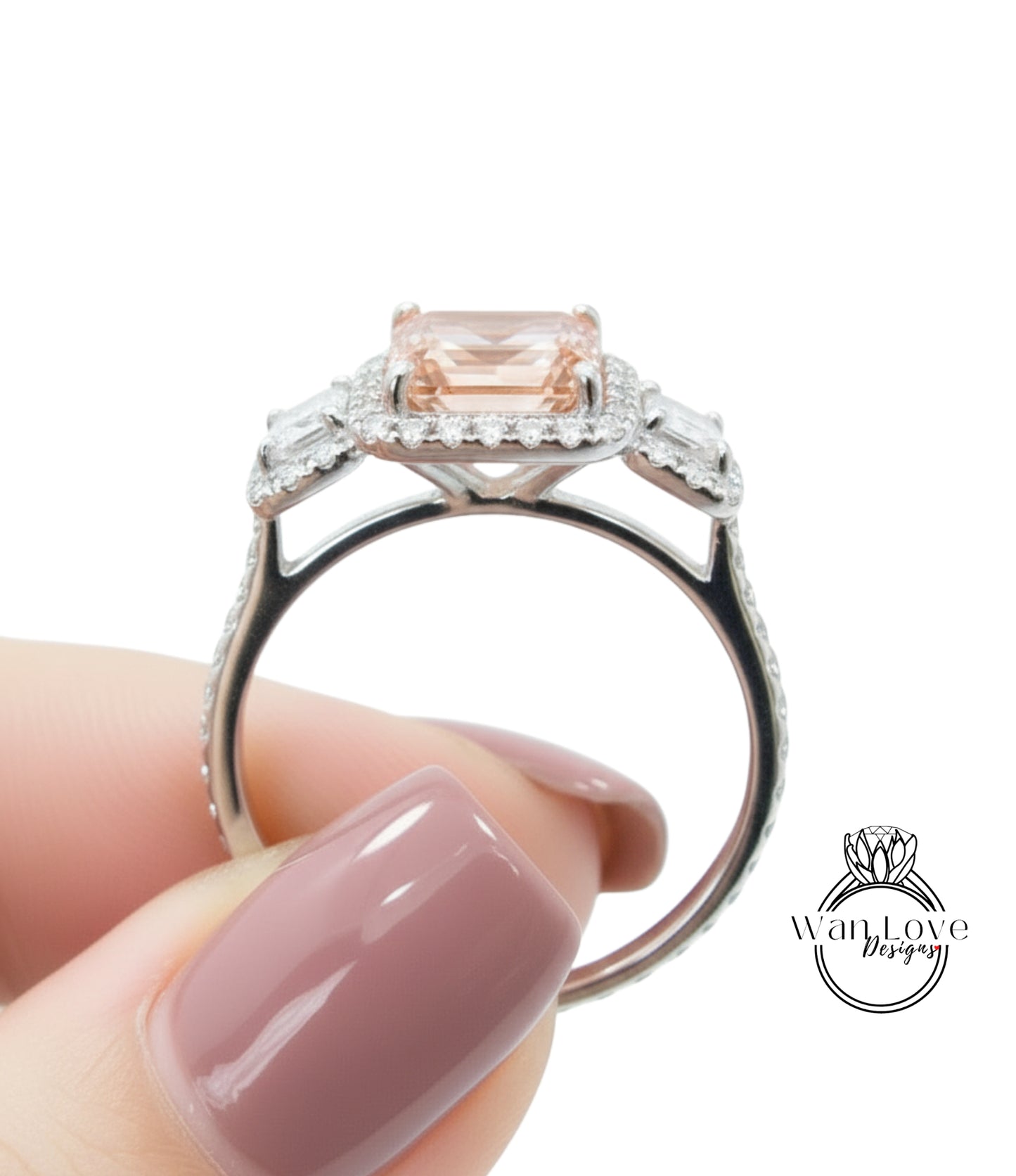 Peach Sapphire & Diamonds Emerald Triple Halo Baguette Ring, Art Deco Engagement Ring, Diamond Side Stone Ring, Three Gem Stone Halo Diamond Ring, Anniversary Gift
