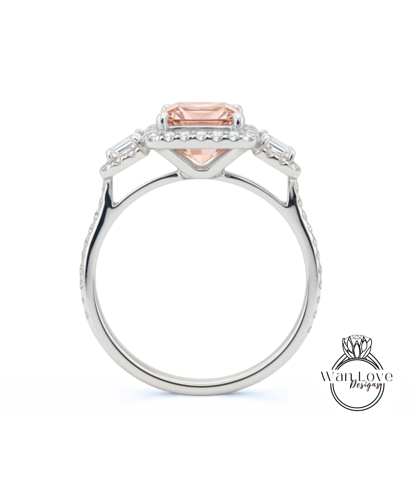 Peach Sapphire & Diamonds Emerald Triple Halo Baguette Ring, Art Deco Engagement Ring, Diamond Side Stone Ring, Three Gem Stone Halo Diamond Ring, Anniversary Gift