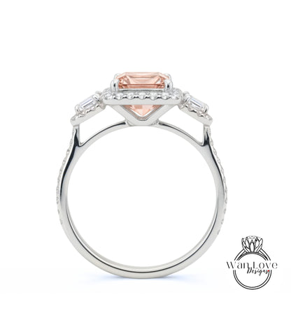 Peach Sapphire & Diamonds Emerald Triple Halo Baguette Ring, Art Deco Engagement Ring, Diamond Side Stone Ring, Three Gem Stone Halo Diamond Ring, Anniversary Gift