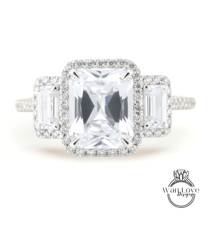 White Sapphire & Diamonds Emerald Triple Halo Baguette Ring, Art Deco Engagement Ring, Diamond Side Stone Ring, Three Gem Stone Halo Diamond Ring, Anniversary Gift