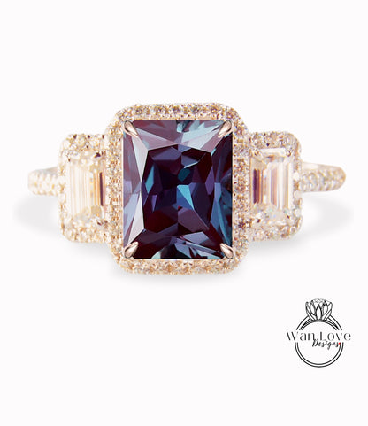 Anello Baguette con smeraldo Halo Alexandrite e diamanti, Anello di fidanzamento Art Déco, Anello con pietra laterale di diamanti, Anello con tre pietre Halo Diamond