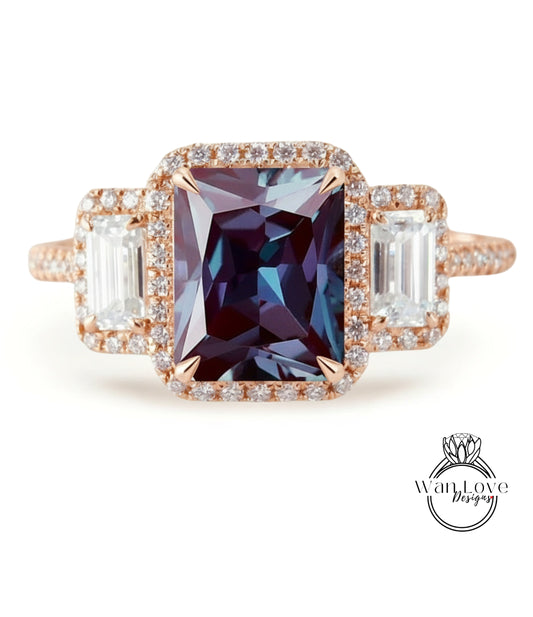 Anello Baguette con smeraldo Halo Alexandrite e diamanti, Anello di fidanzamento Art Déco, Anello con pietra laterale di diamanti, Anello con tre pietre Halo Diamond
