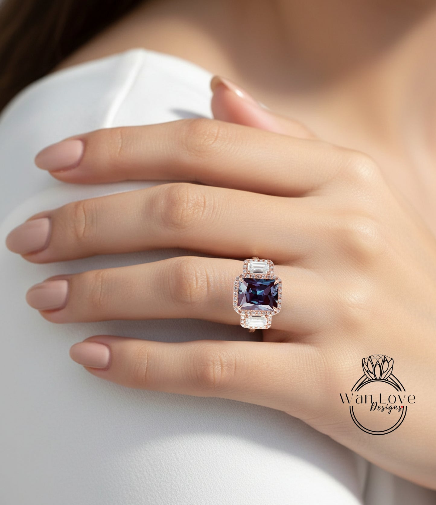 Alexandrite & Diamonds Emerald Triple Halo Baguette Ring, Art Deco Engagement Ring, Diamond Side Stone Ring, Three Gem Stone Halo Diamond Ring, Anniversary Gift