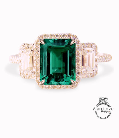 Emerald & Diamonds Emerald Triple Halo Baguette Ring, Art Deco Engagement Ring, Diamond Side Stone Ring, Three Gem Stone Halo Diamond Ring, Anniversary Gift