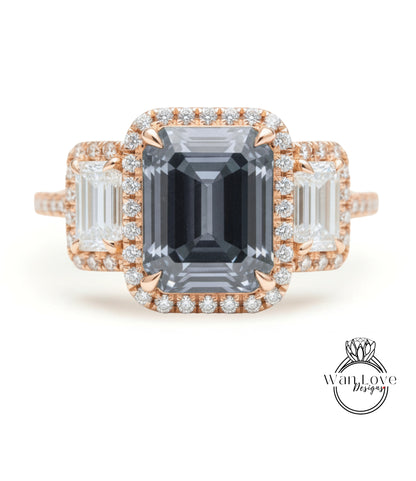 Anello Baguette con Moissanite Grigio Smeraldo Halo e Diamanti, Anello di Fidanzamento Art Déco, Anello con Pietra Laterale con Diamanti, Anello con Tre Pietre Halo con Diamanti