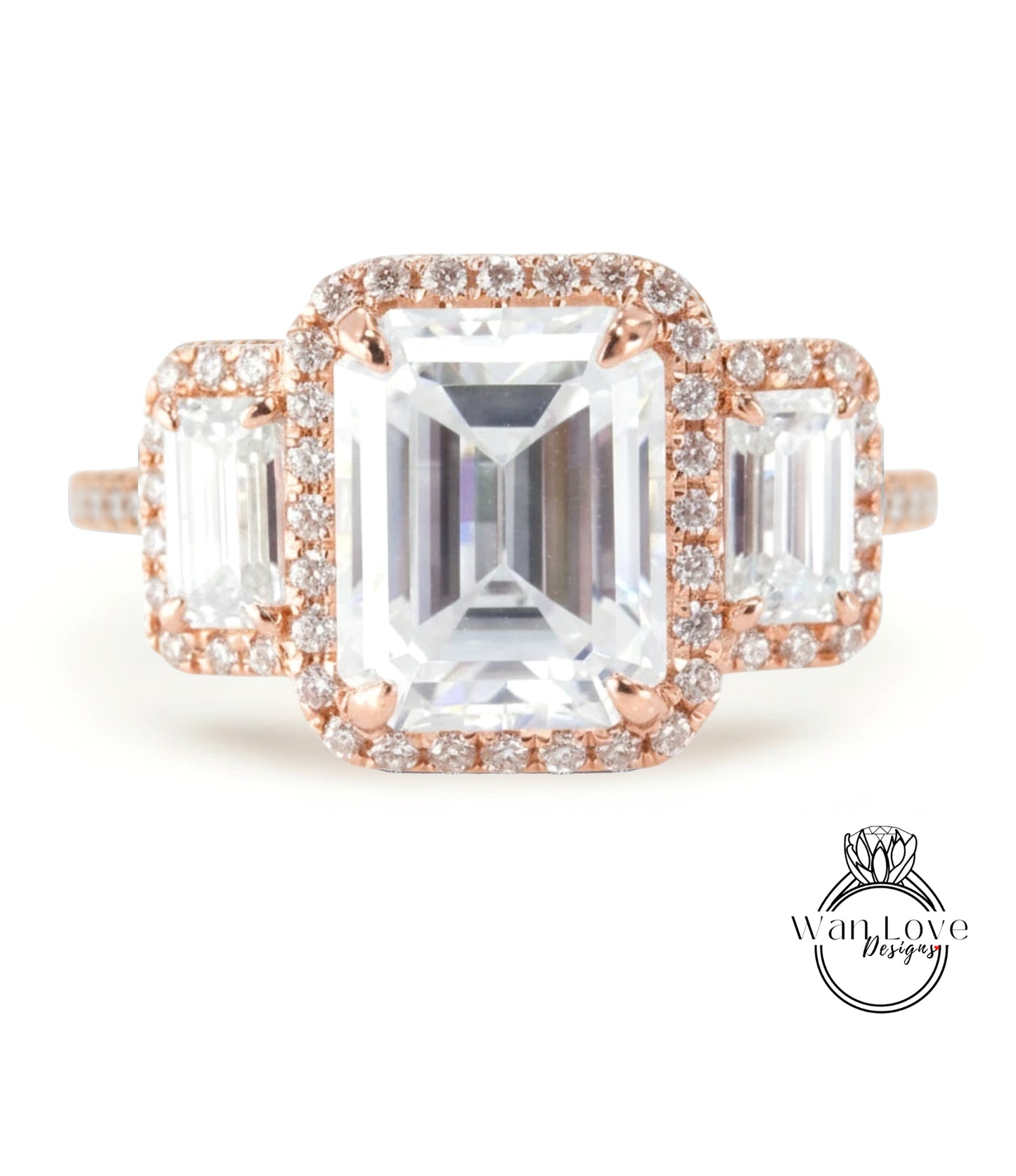 Anello di fidanzamento Moissanite con taglio smeraldo Anello con diamanti Moissanite radiante 3 pietre preziose Anello in oro bianco massiccio Anello promessa nuziale Anello anniversario