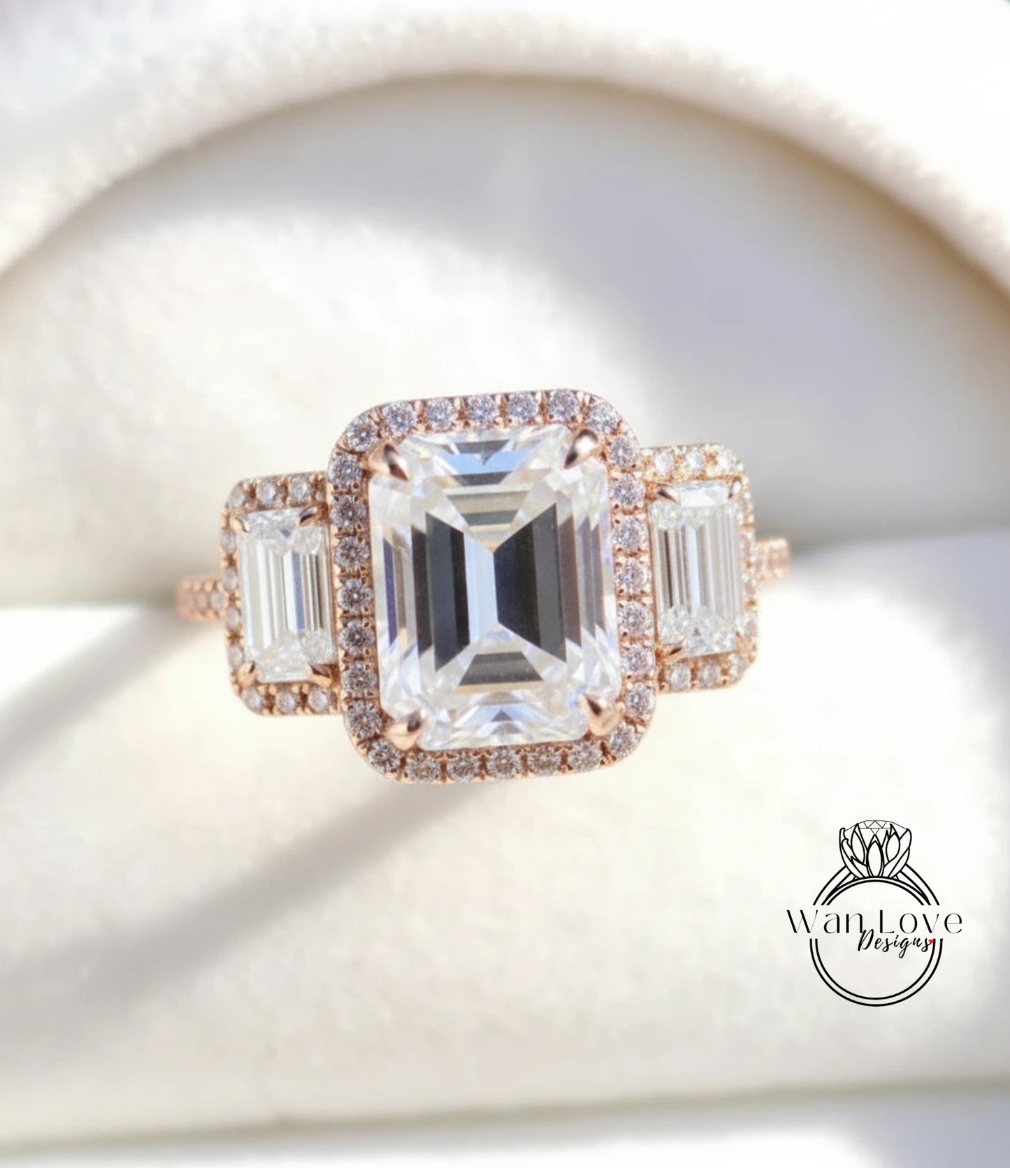 Moissanite & Diamonds Emerald Triple Halo Baguette Ring, Art Deco Engagement Ring, Diamond Side Stone Ring, Three Gem Stone Halo Diamond Ring, Anniversary Gift