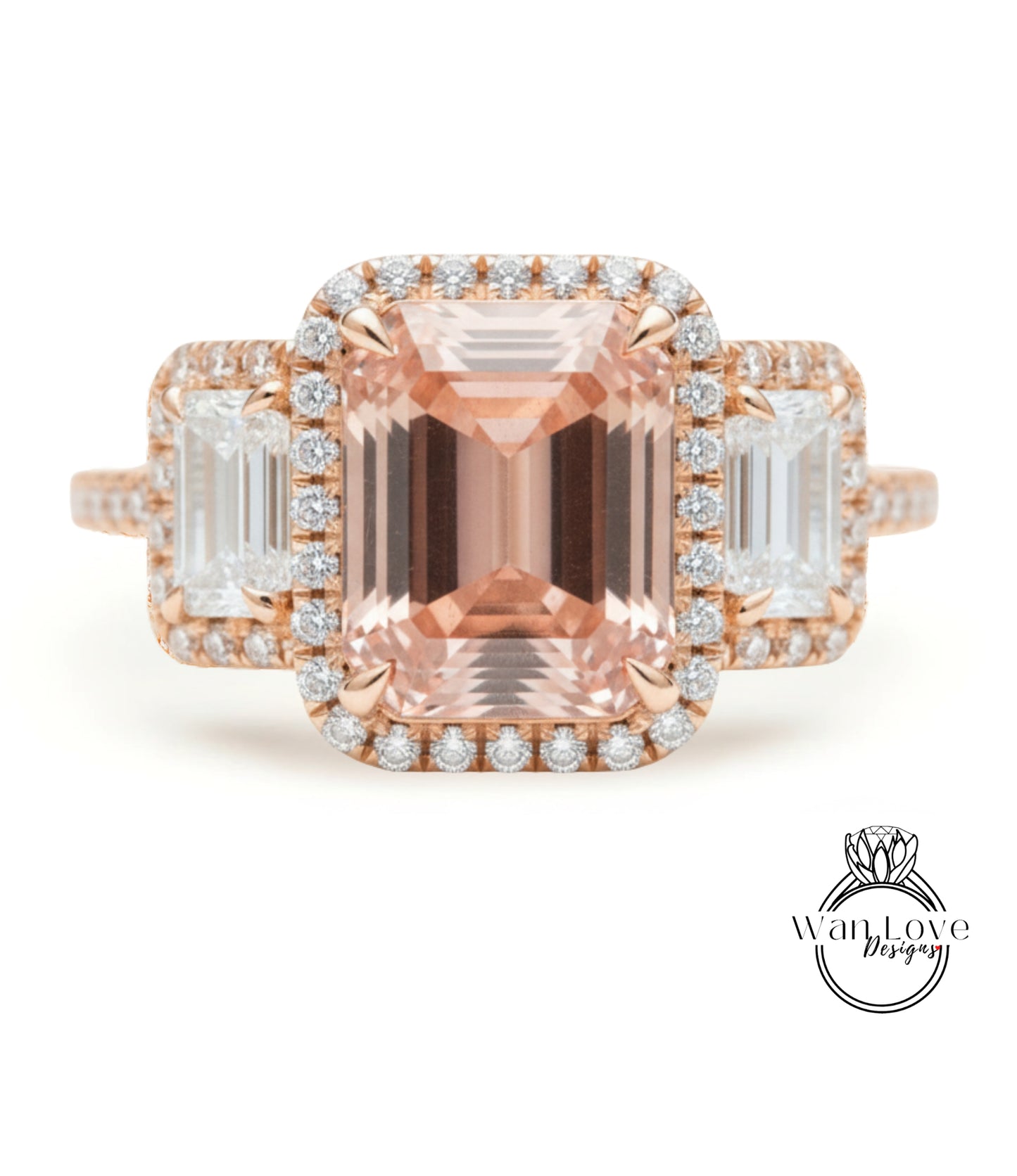Peach Sapphire & Diamonds Emerald Triple Halo Baguette Ring, Art Deco Engagement Ring, Diamond Side Stone Ring, Three Gem Stone Halo Diamond Ring, Anniversary Gift