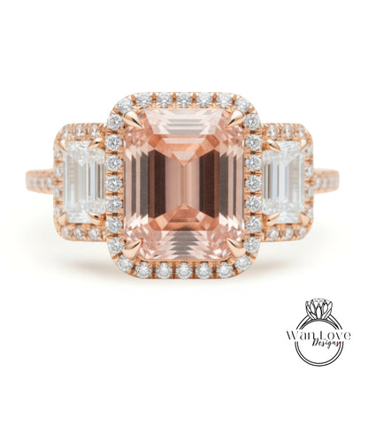 Peach Sapphire & Diamonds Emerald Triple Halo Baguette Ring, Art Deco Engagement Ring, Diamond Side Stone Ring, Three Gem Stone Halo Diamond Ring, Anniversary Gift