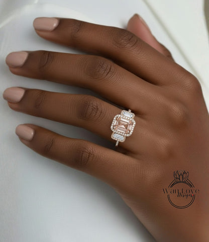 Peach Sapphire & Diamonds Emerald Triple Halo Baguette Ring, Art Deco Engagement Ring, Diamond Side Stone Ring, Three Gem Stone Halo Diamond Ring, Anniversary Gift