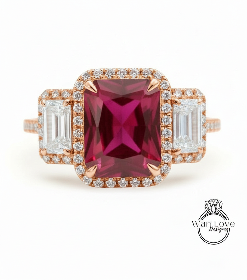 Anello baguette con rubino e diamanti smeraldo, anello di fidanzamento Art Déco, anello con pietra laterale con diamante, anello con diamante con tre pietre Halo
