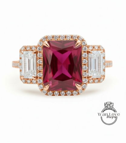 Anello baguette con rubino e diamanti smeraldo, anello di fidanzamento Art Déco, anello con pietra laterale con diamante, anello con diamante con tre pietre Halo