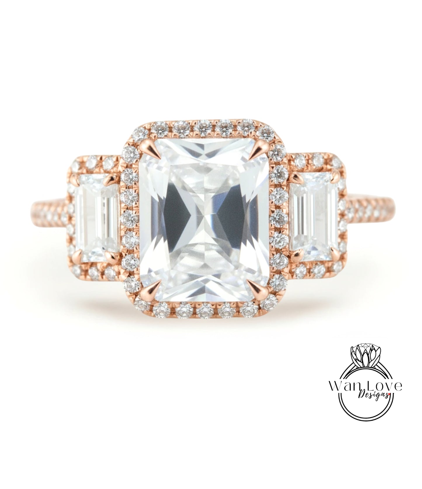 White Sapphire & Diamonds Emerald Triple Halo Baguette Ring, Art Deco Engagement Ring, Diamond Side Stone Ring, Three Gem Stone Halo Diamond Ring, Anniversary Gift