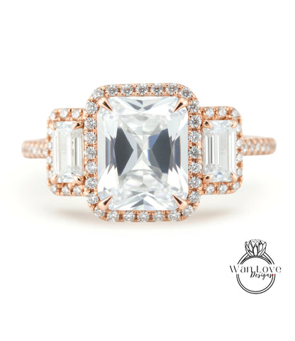 White Sapphire & Diamonds Emerald Triple Halo Baguette Ring, Art Deco Engagement Ring, Diamond Side Stone Ring, Three Gem Stone Halo Diamond Ring, Anniversary Gift