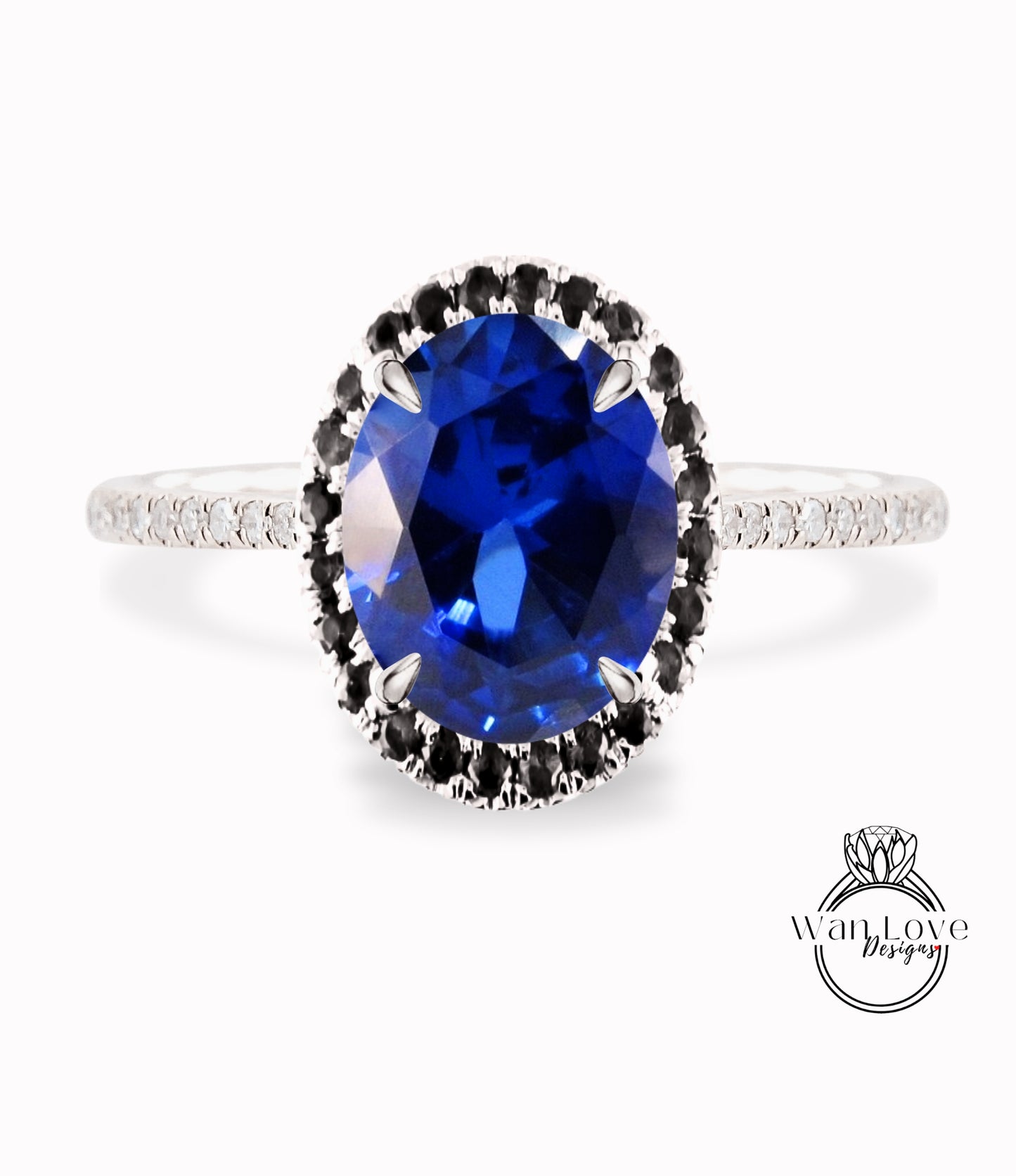 Blue Sapphire & Black Diamond Oval Halo Engagement Ring, Custom-Bridal Wedding ring-14kt 18kt Gold, Platinum, Anniversary gift