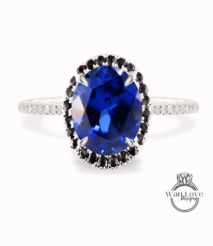 Blue Sapphire & Black Diamond Oval Halo Engagement Ring, Custom-Bridal Wedding ring-14kt 18kt Gold, Platinum, Anniversary gift