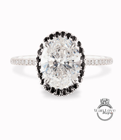 Diamond & Black Diamond Oval Halo Engagement Ring, Custom-Bridal Wedding ring-14kt 18kt Gold, Platinum, Anniversary gift