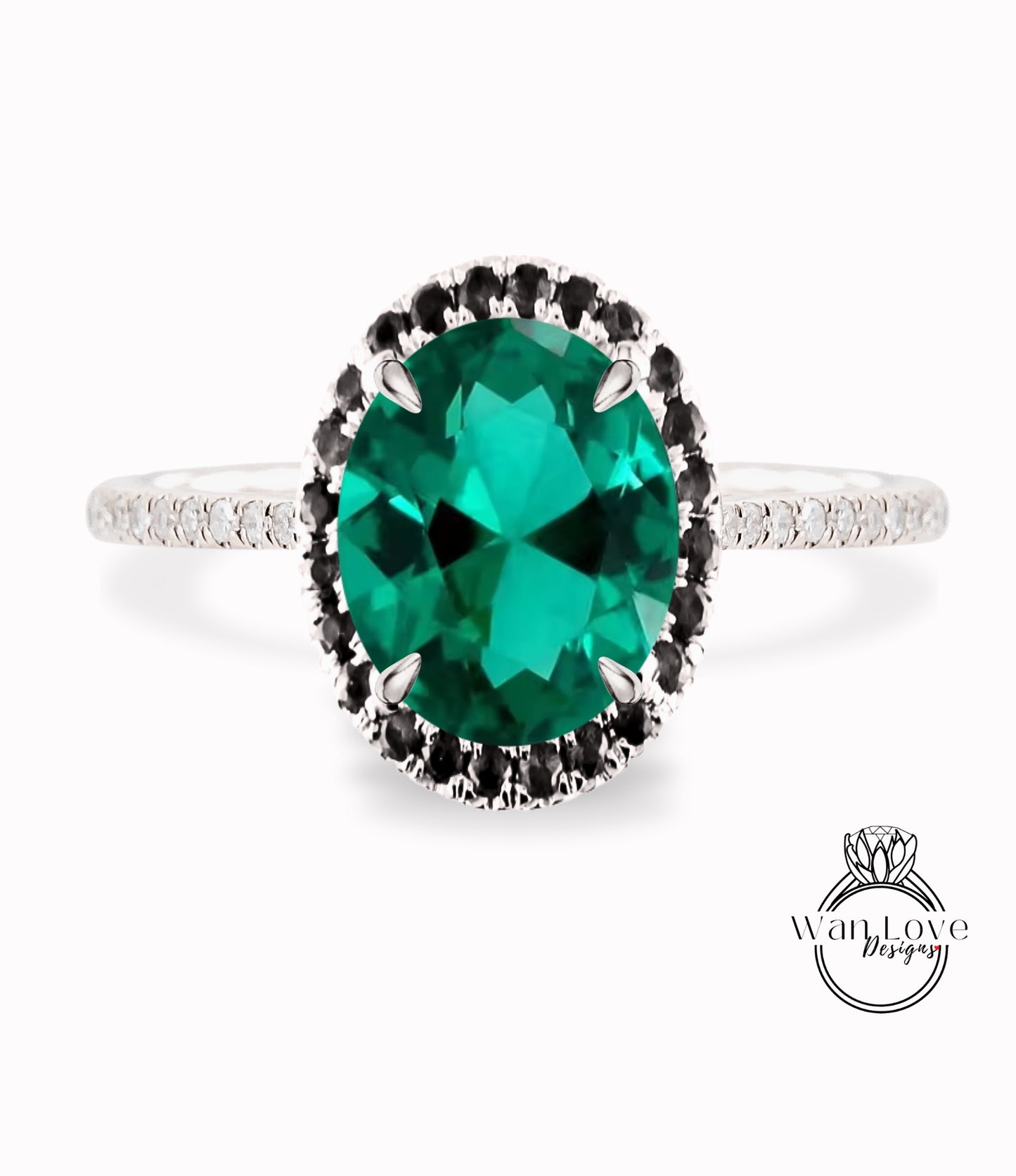 Emerald & Black Diamond Oval Halo Engagement Ring, Custom-Bridal Wedding ring-14kt 18kt Gold, Platinum, Anniversary gift