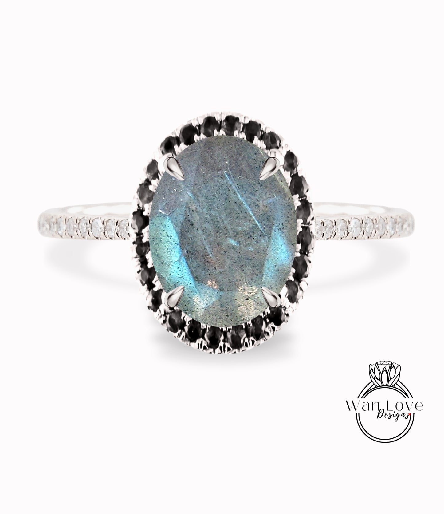 Labradorite & Black Diamond Oval Halo Engagement Ring, Custom-Bridal Wedding ring-14kt 18kt Gold, Platinum, Anniversary gift