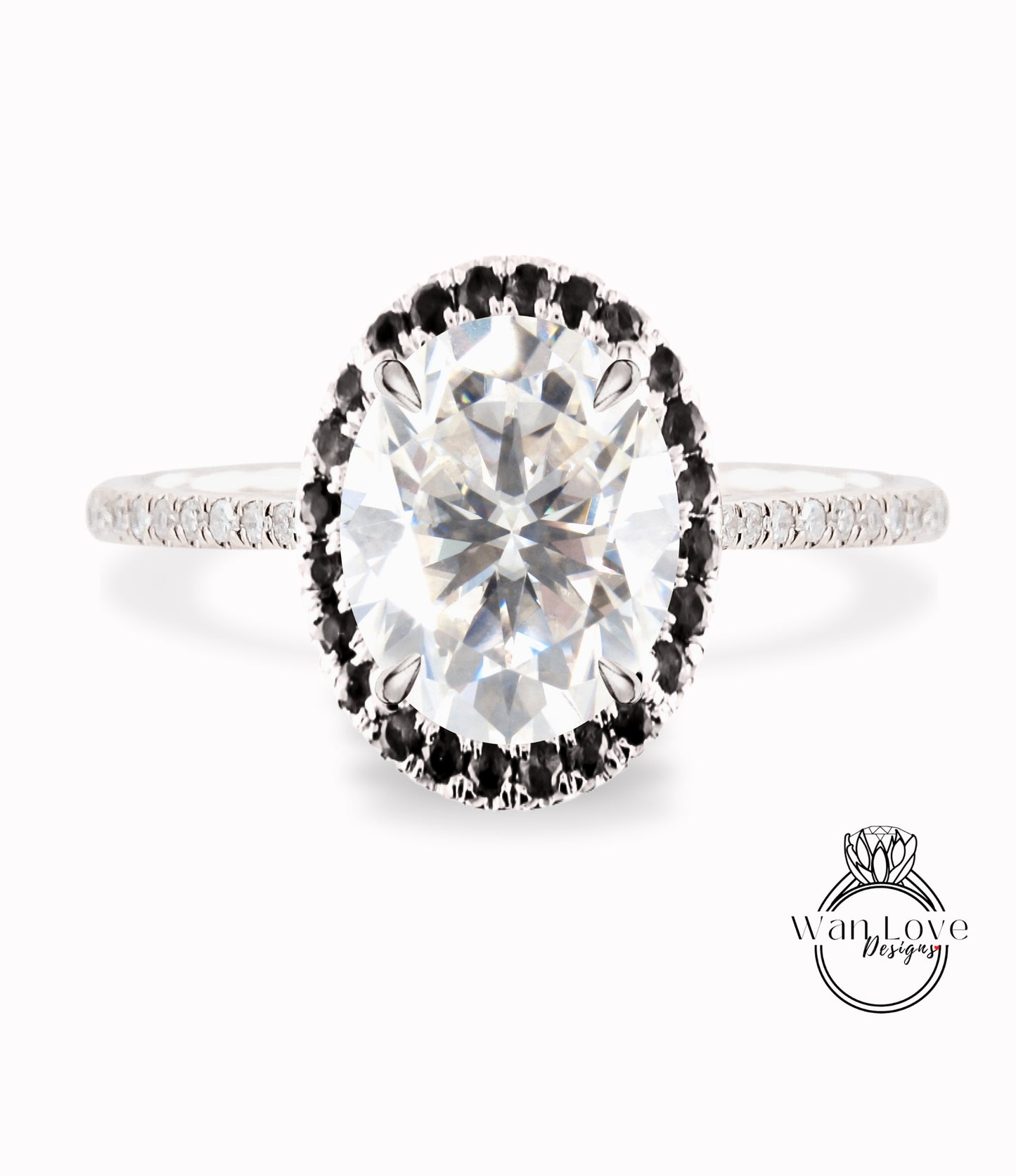 Moissanite & Black Diamond Oval Halo Engagement Ring, Custom-Bridal Wedding ring-14kt 18kt Gold, Platinum, Anniversary gift