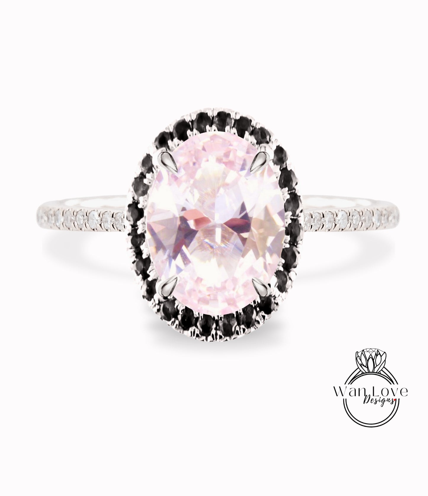 Light Pink Sapphire & Black Diamond Oval Halo Engagement Ring, Custom-Bridal Wedding ring-14kt 18kt Gold, Platinum, Anniversary gift