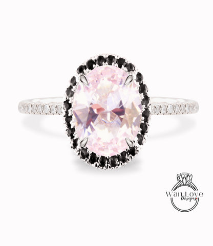 Light Pink Sapphire & Black Diamond Oval Halo Engagement Ring, Custom-Bridal Wedding ring-14kt 18kt Gold, Platinum, Anniversary gift