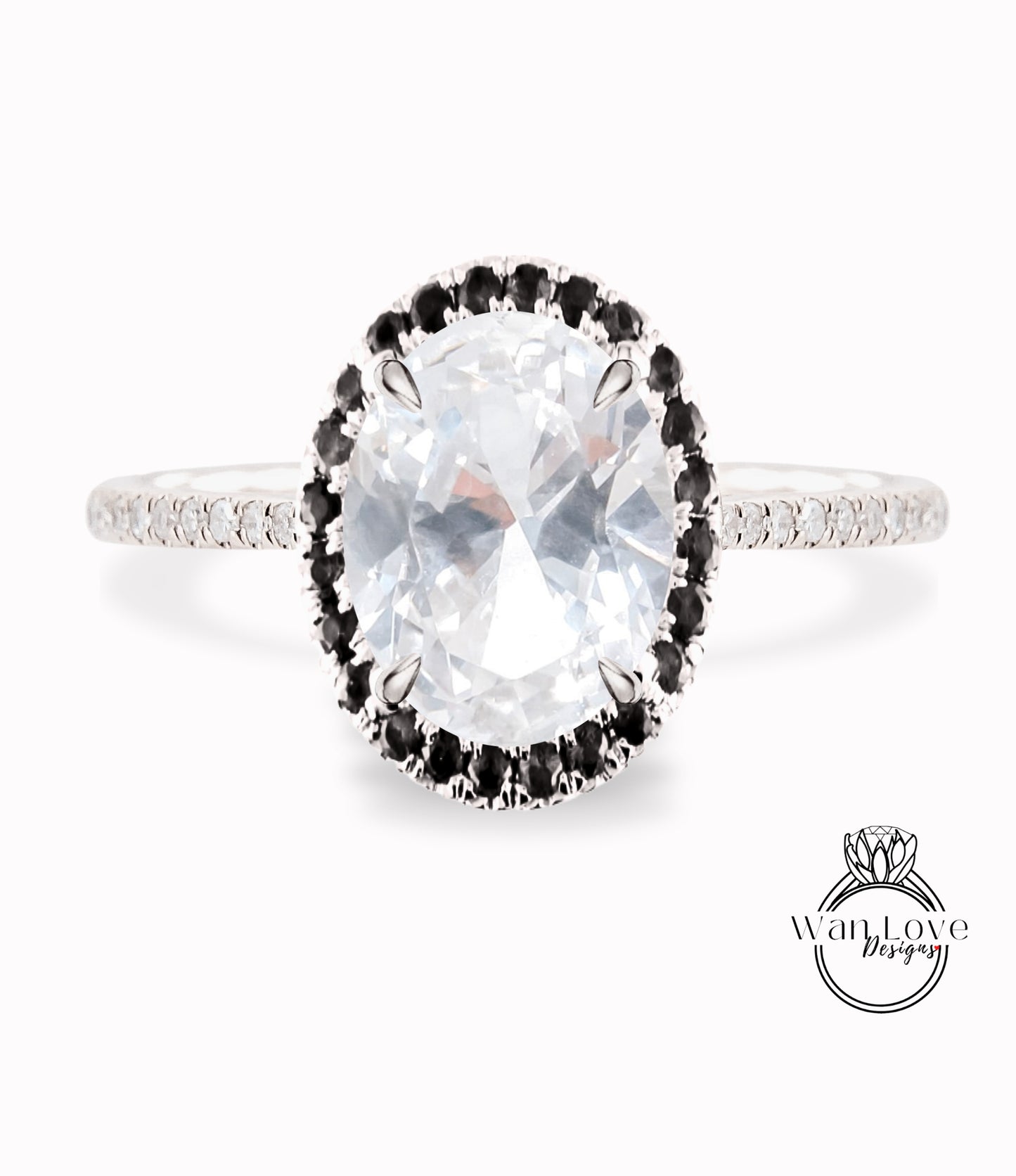 White Sapphire & Black Diamond Oval Halo Engagement Ring, Custom-Bridal Wedding ring-14kt 18kt Gold, Platinum, Anniversary gift