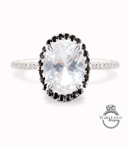 White Sapphire & Black Diamond Oval Halo Engagement Ring, Custom-Bridal Wedding ring-14kt 18kt Gold, Platinum, Anniversary gift