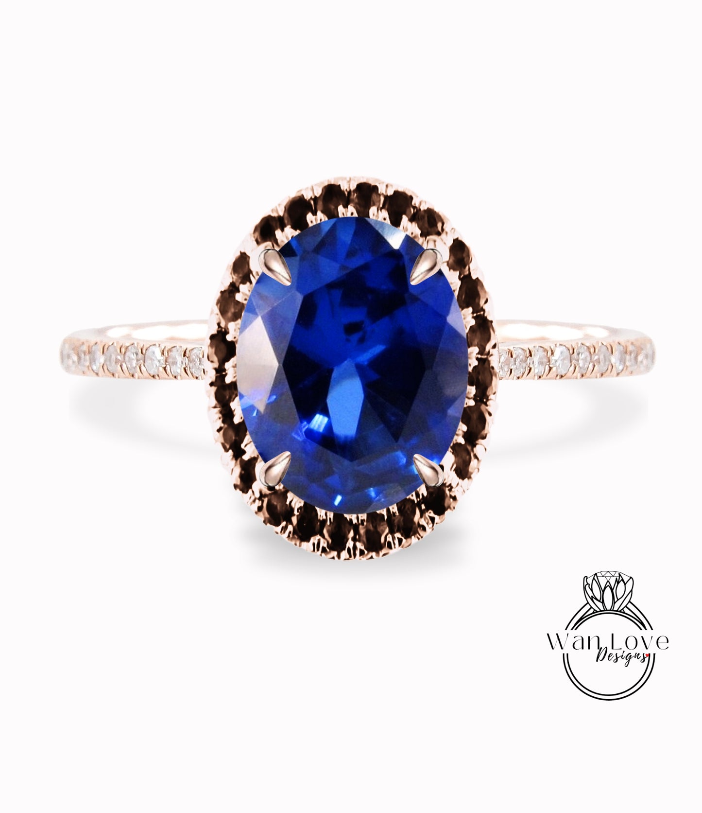 Blue Sapphire & Black Diamond Oval Halo Engagement Ring, Custom-Bridal Wedding ring-14kt 18kt Gold, Platinum, Anniversary gift