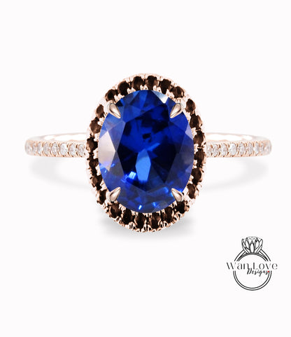 Blue Sapphire & Black Diamond Oval Halo Engagement Ring, Custom-Bridal Wedding ring-14kt 18kt Gold, Platinum, Anniversary gift