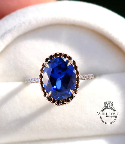 Blue Sapphire & Black Diamond Oval Halo Engagement Ring, Custom-Bridal Wedding ring-14kt 18kt Gold, Platinum, Anniversary gift