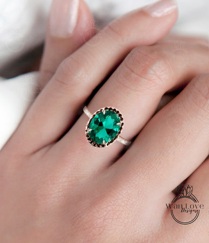 Emerald & Black Diamond Oval Halo Engagement Ring, Custom-Bridal Wedding ring-14kt 18kt Gold, Platinum, Anniversary gift