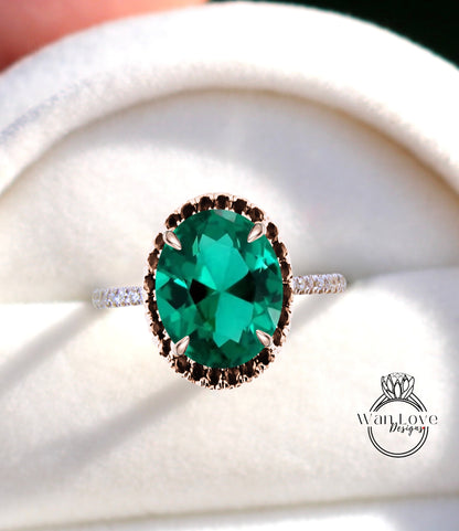 Emerald & Black Diamond Oval Halo Engagement Ring, Custom-Bridal Wedding ring-14kt 18kt Gold, Platinum, Anniversary gift