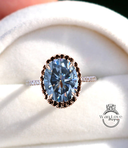 Anello con diamante Halo Moissanite grigia e anello di fidanzamento con diamante ovale Halo Anello con diamante Art Déco Halo Anello di promessa nuziale per anniversario di matrimonio