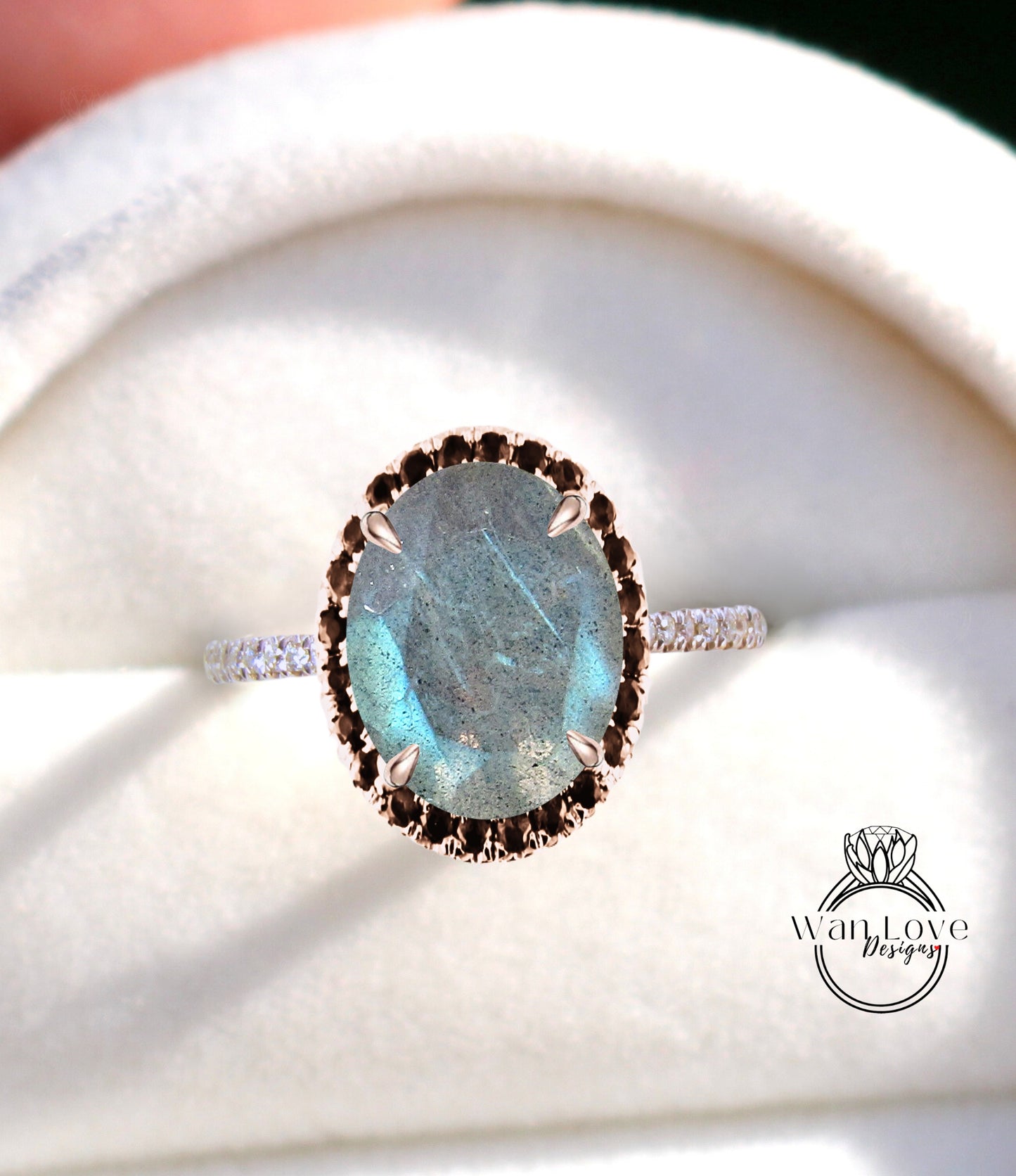 Labradorite & Black Diamond Oval Halo Engagement Ring, Custom-Bridal Wedding ring-14kt 18kt Gold, Platinum, Anniversary gift