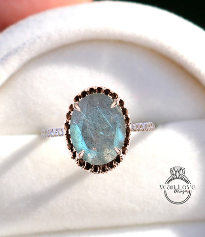Labradorite & Black Diamond Oval Halo Engagement Ring, Custom-Bridal Wedding ring-14kt 18kt Gold, Platinum, Anniversary gift