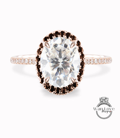 Moissanite & Black Diamond Oval Halo Engagement Ring, Custom-Bridal Wedding ring-14kt 18kt Gold, Platinum, Anniversary gift
