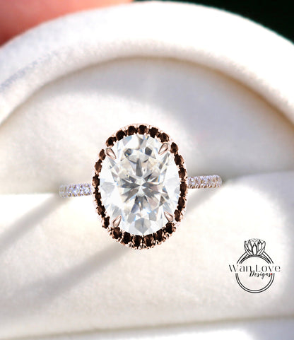 Moissanite & Black Diamond Oval Halo Engagement Ring, Custom-Bridal Wedding ring-14kt 18kt Gold, Platinum, Anniversary gift