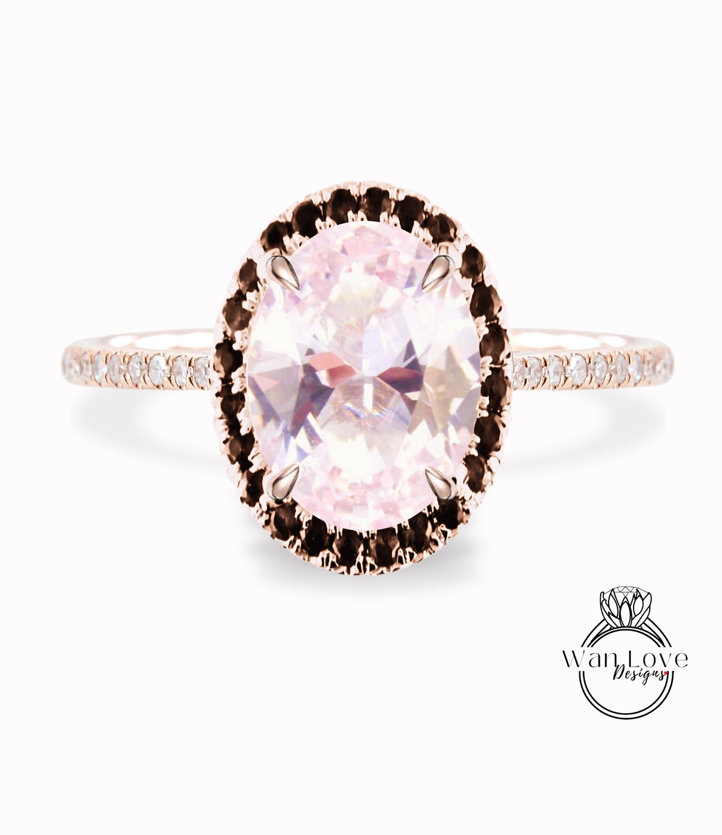 Light Pink Sapphire & Black Diamond Oval Halo Engagement Ring, Custom-Bridal Wedding ring-14kt 18kt Gold, Platinum, Anniversary gift