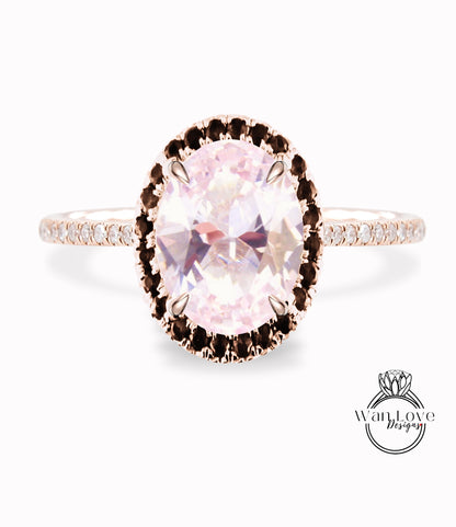 Light Pink Sapphire & Black Diamond Oval Halo Engagement Ring, Custom-Bridal Wedding ring-14kt 18kt Gold, Platinum, Anniversary gift