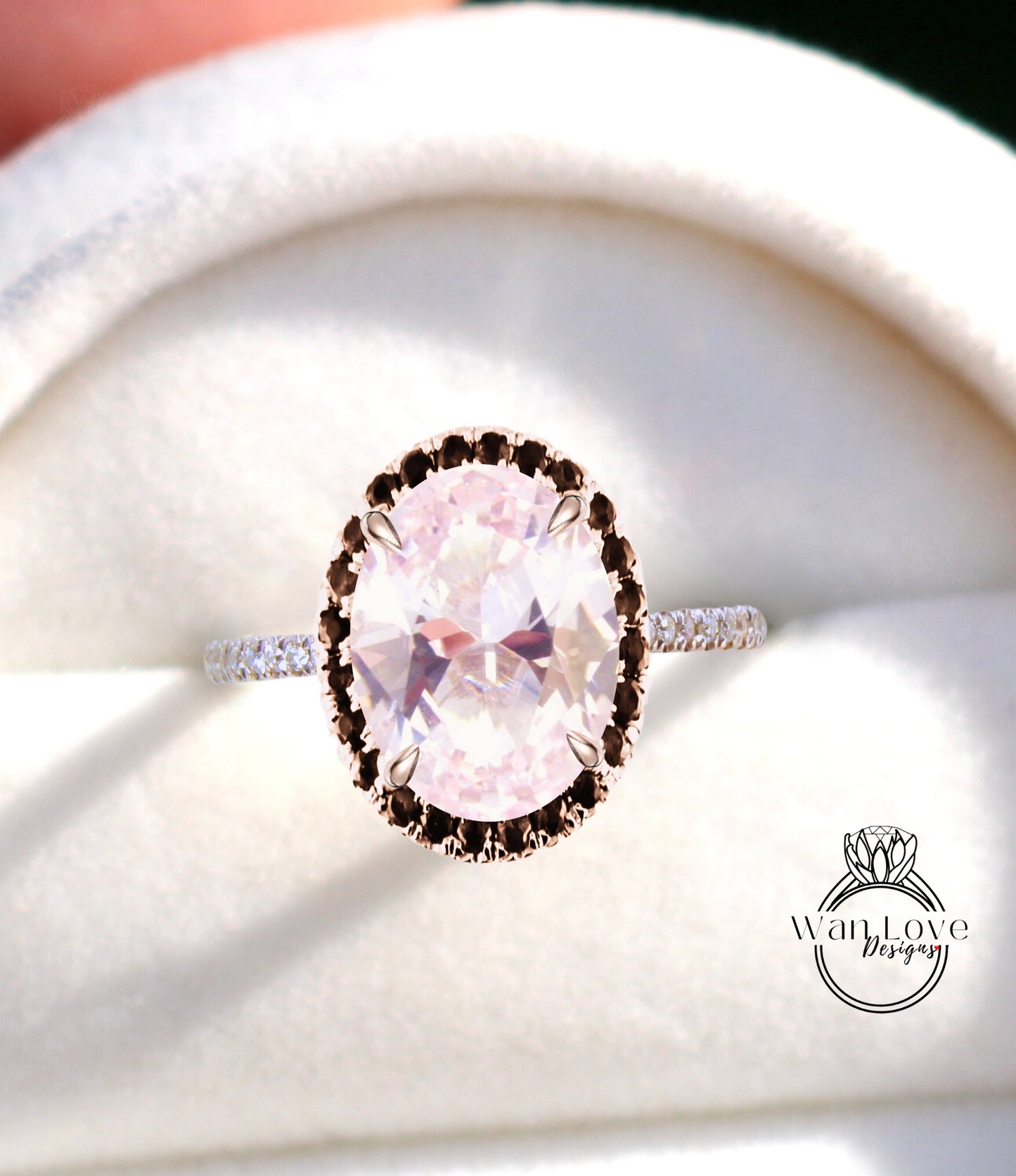 Light Pink Sapphire & Black Diamond Oval Halo Engagement Ring, Custom-Bridal Wedding ring-14kt 18kt Gold, Platinum, Anniversary gift
