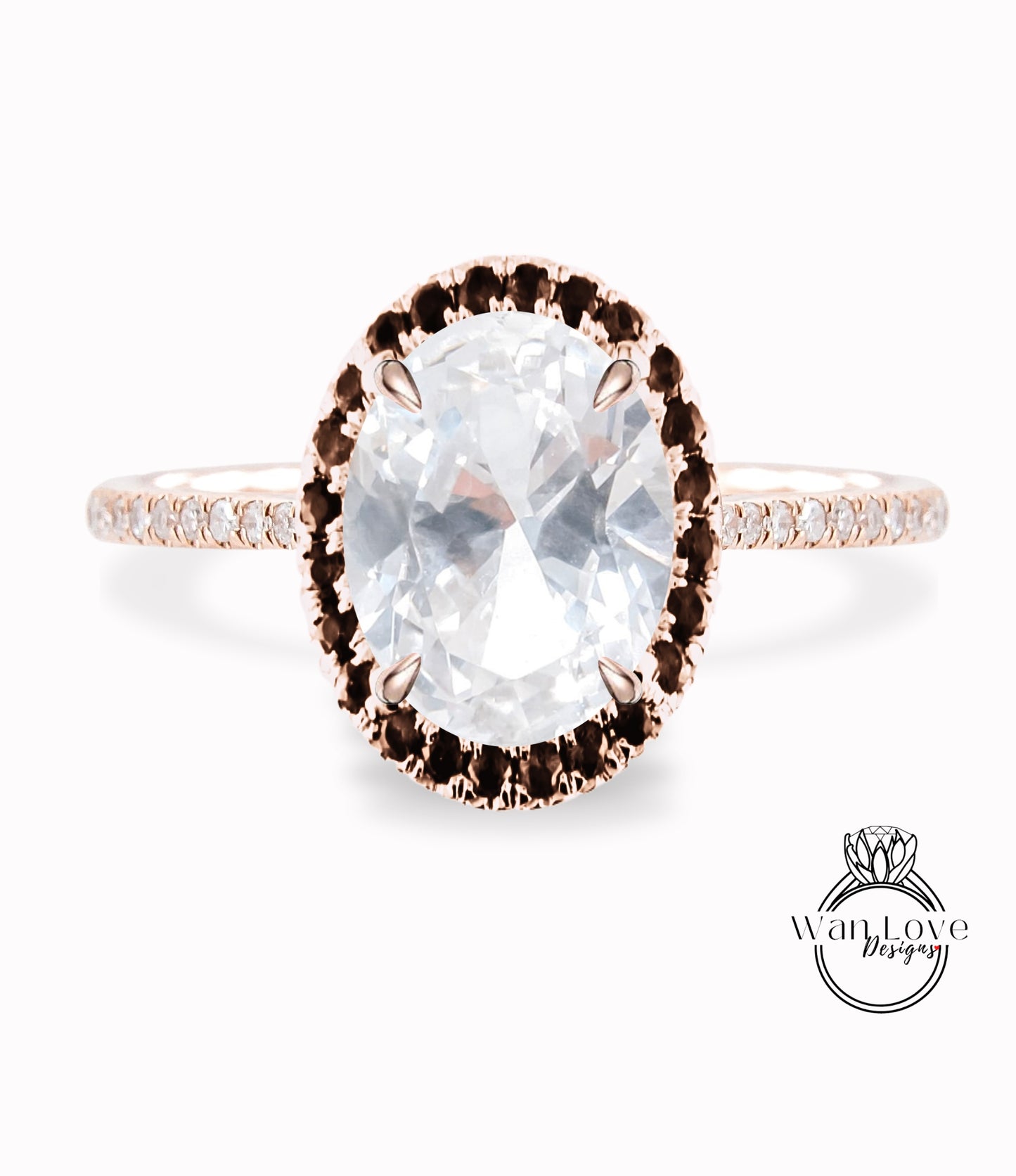 White Sapphire & Black Diamond Oval Halo Engagement Ring, Custom-Bridal Wedding ring-14kt 18kt Gold, Platinum, Anniversary gift