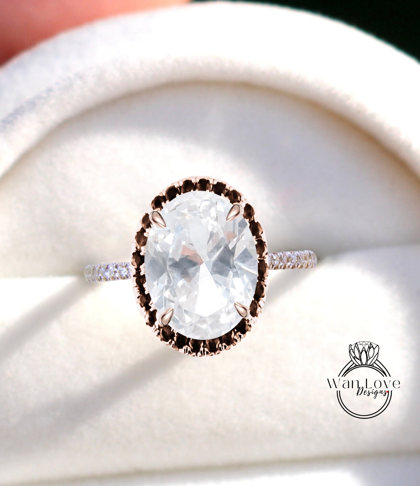 White Sapphire & Black Diamond Oval Halo Engagement Ring, Custom-Bridal Wedding ring-14kt 18kt Gold, Platinum, Anniversary gift