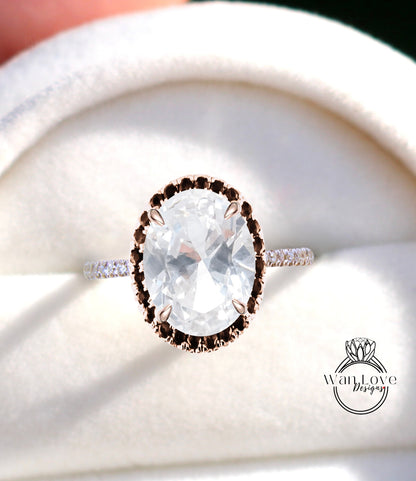 White Sapphire & Black Diamond Oval Halo Engagement Ring, Custom-Bridal Wedding ring-14kt 18kt Gold, Platinum, Anniversary gift