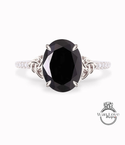 Black Spinel & Diamond Celtic Knot Oval Engagement Ring, Custom, Wedding, Double,14k 18k White Yellow Rose Gold,Platinum, Anniversary Gift