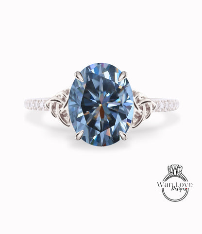 Grey Moissanite & Diamond Celtic Knot Oval Engagement Ring, Custom, Wedding, Double,14k 18k White Yellow Rose Gold,Platinum, Anniversary Gift