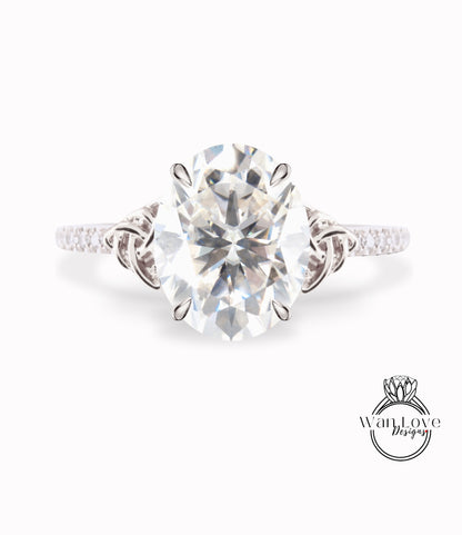 Moissanite & Diamond Celtic Knot Oval Engagement Ring, Custom, Wedding, Double,14k 18k White Yellow Rose Gold,Platinum, Anniversary Gift